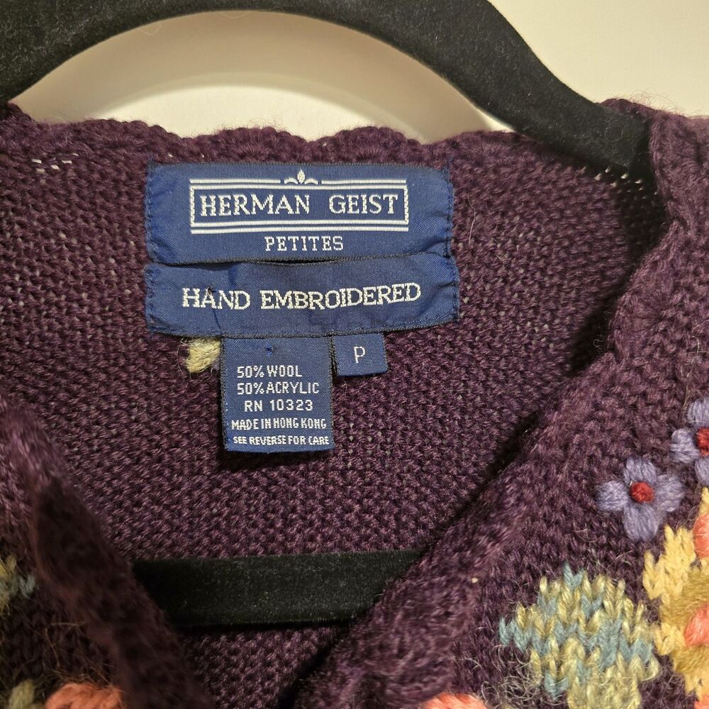 Herman Geist Cardigan Sweater Hand Embroidered 50% Wool Plum Floral Small Petite - Picture 7 of 12